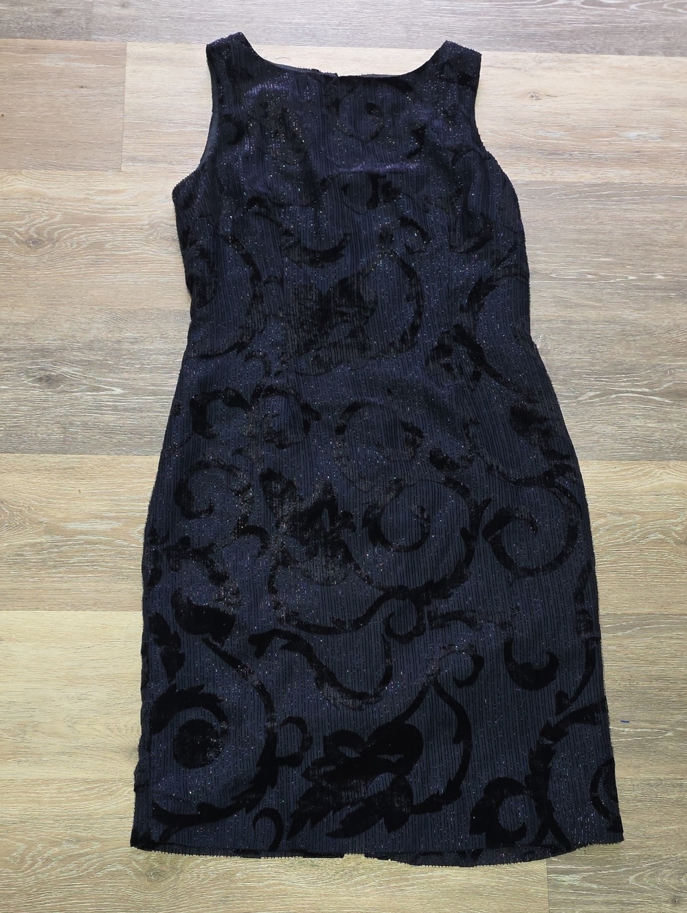 Frascara Burnout Velvet Sleeveless Scroll Sheath Dress w/Glitter Navy Blue Sz 8